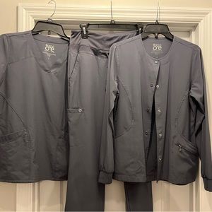 Barco One Scrubs SET 3-GRANITE Gray Solid Scrubs Small Top & Jacket, XST Pant